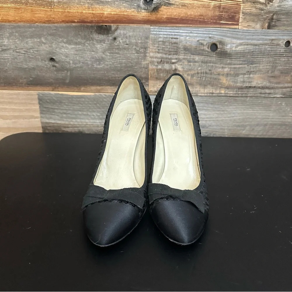 Prada Black Sequins Pumps Women 39 Black Bow Satin Toe & Heel Stiletto Shoes - Picture 4 of 12